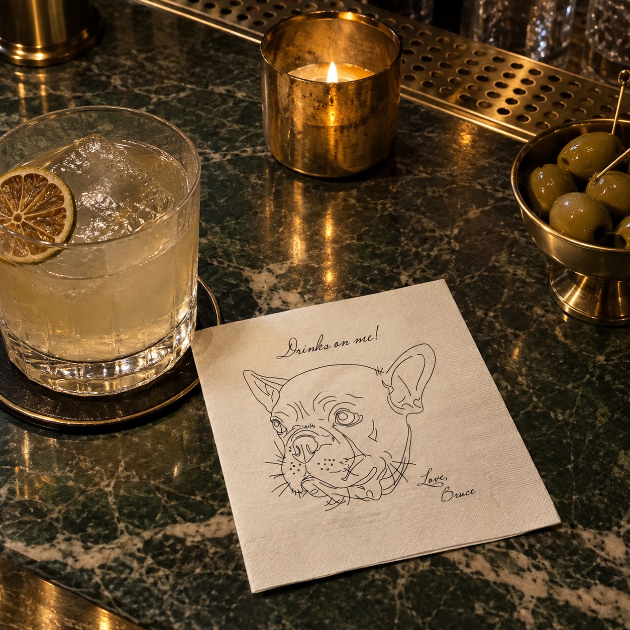 Stack of printed cocktail napkins with a french bulldog line portrait