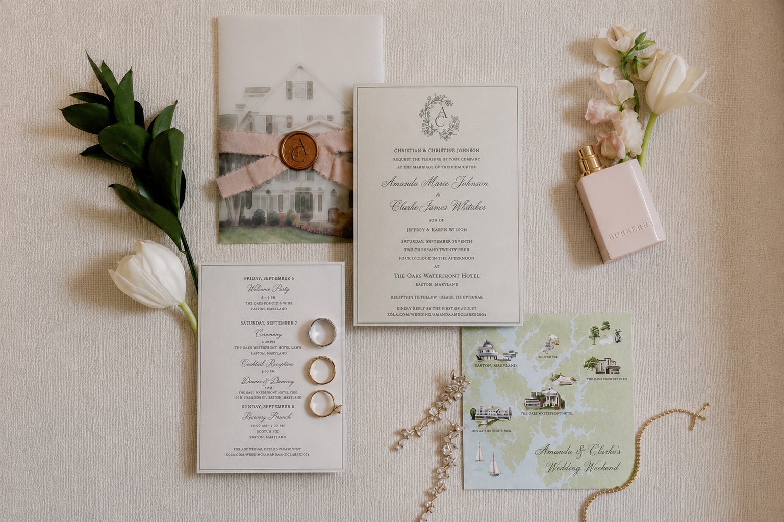 Wedding invitation set laid flat: invitation, schedule card, map, and vellum wrap with ribbon and wax seal