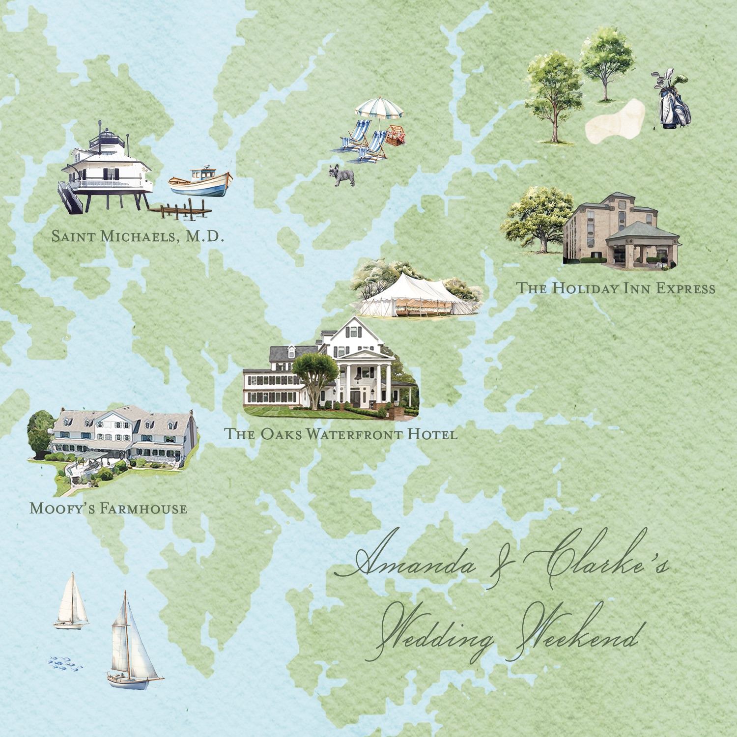 Digital watercolor map of the Eastern Shore made for a wedding weekend invitation